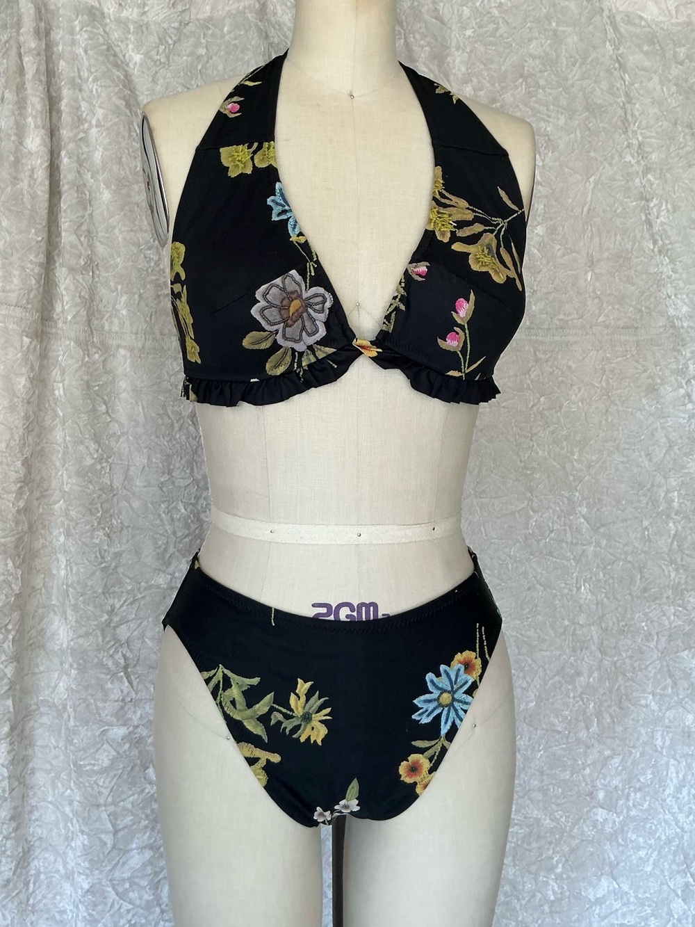 Black Floral Halter Bikini Set